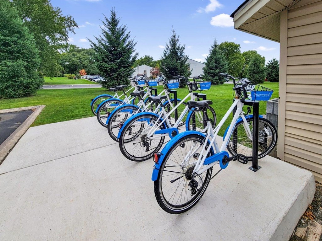 a row of bikes parked outside of a building