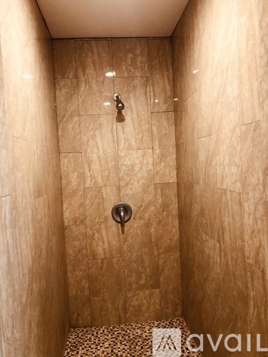A bathroom with a tiled shower and a shower head.