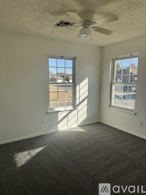 A room with a carpeted floor, a ceiling fan, and two windows.