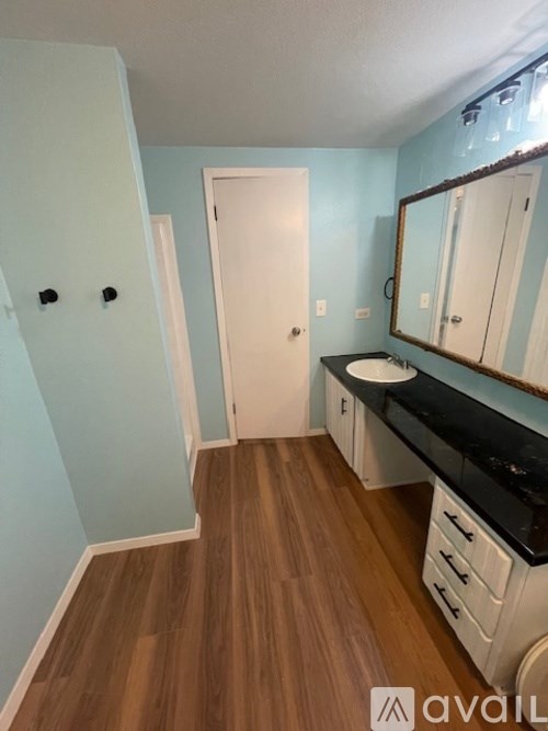 A bathroom with a sink, mirror, and wooden floors.