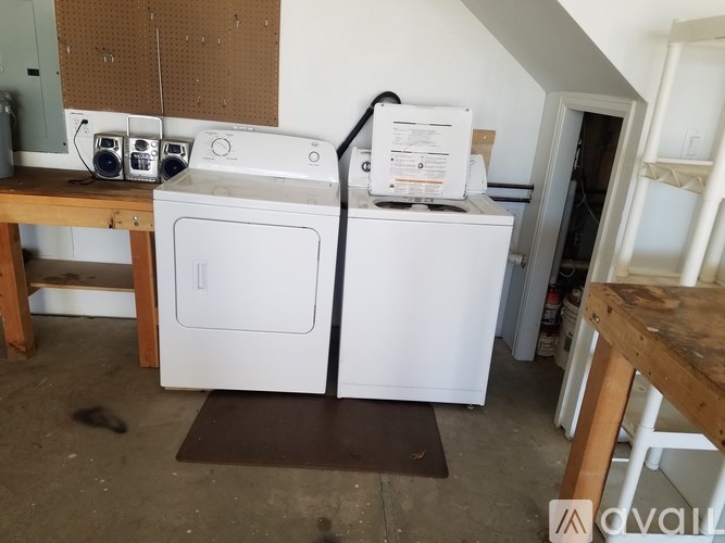 A washing machine and dryer are sitting in a basement.