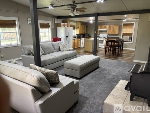 A living room with a grey couch and a black stove.