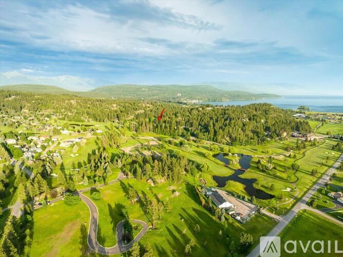 A bird's eye view of a green landscape with a winding road and a body of water.
