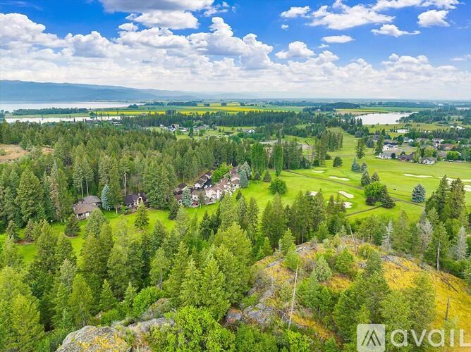 A bird's eye view of a lush green landscape with a cluster of houses in the middle.