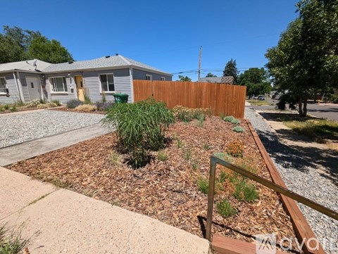 A small garden with a wooden fence and a metal railing.