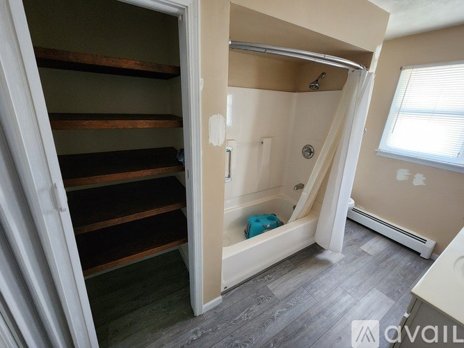 A bathroom with a walk-in shower and a wooden shelving unit.