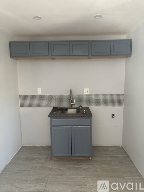 A kitchen with a sink and cabinets above it.