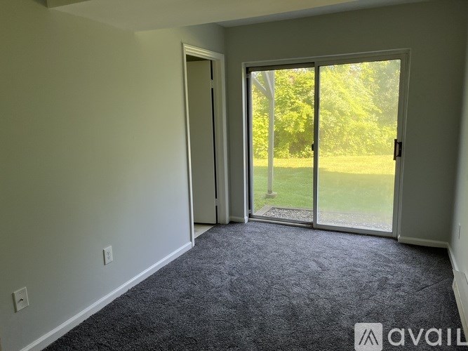 A room with a carpeted floor and a sliding glass door leading to a green outdoor area.