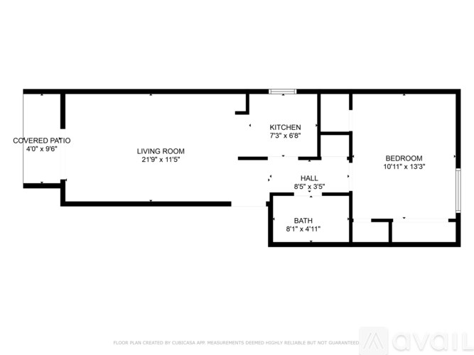 A floor plan for an apartment with a living room, kitchen, bedroom, and bathroom.