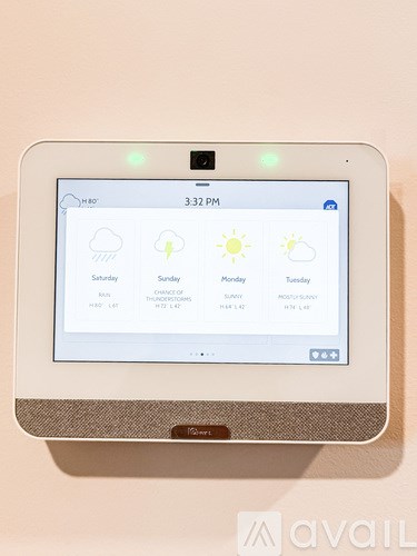 A weather station shows sunny weather for Monday and Tuesday.