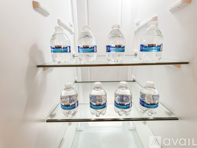 Four bottles of water are on a shelf in a refrigerator.