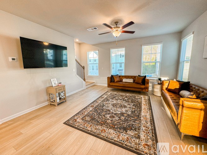 A living room with a rug, a couch, and a television.