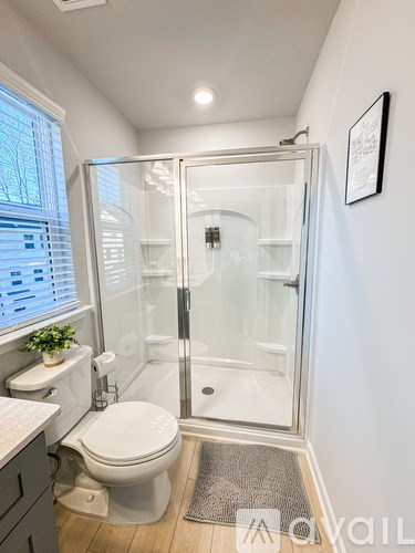 A white toilet sits next to a walk-in shower in a bathroom.