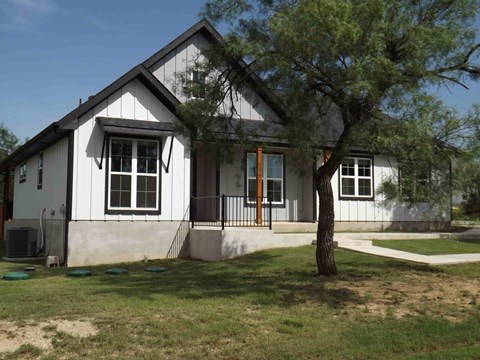 A small white house with a black roof and a tree in front.