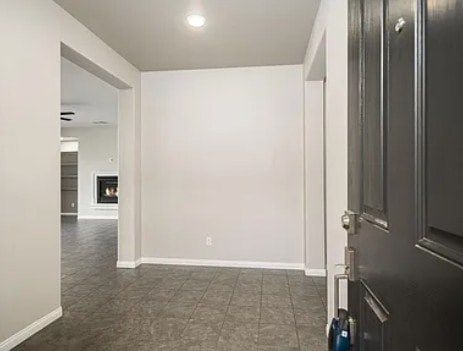 A room with a door and a fireplace in the background.