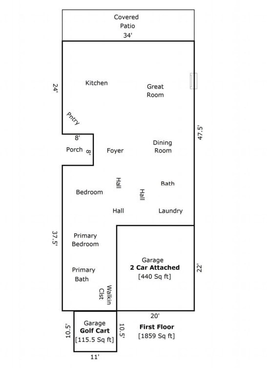 A drawing of a house layout with labeled rooms.
