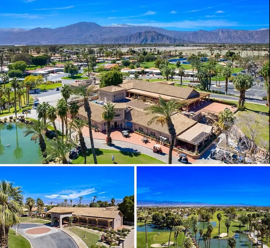 A collage of four images showcasing a resort with palm trees, a pool, and a mountainous backdrop.