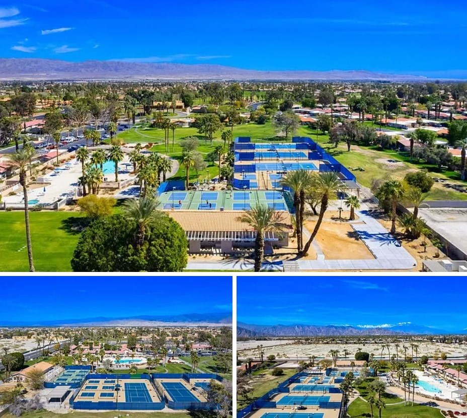 A series of three images showcasing a large outdoor swimming pool complex with multiple pools and surrounding greenery.