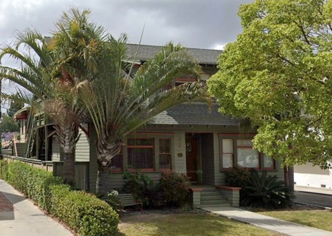 A house with a red door and a palm tree in front.