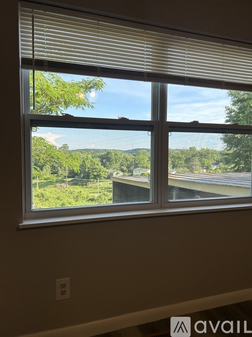 A window with blinds overlooking a green landscape.