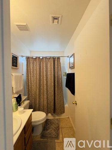 A bathroom with a toilet, sink, and shower curtain.