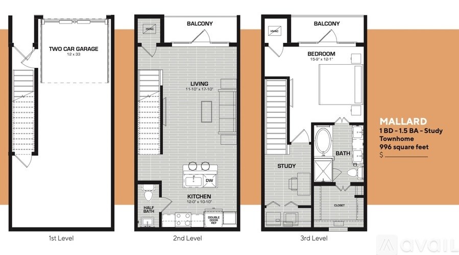 A floor plan for a three-story townhome with a living room, two bedrooms, a study, and a garage.