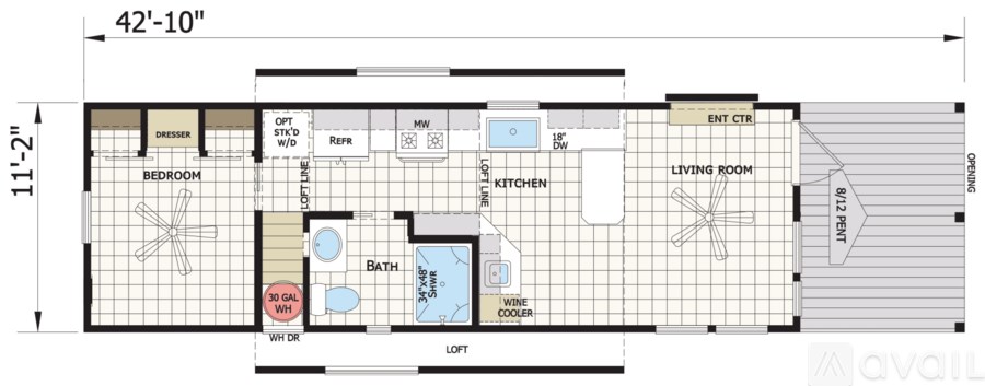 A floor plan of a one bedroom apartment with a living room, kitchen, and bathroom.