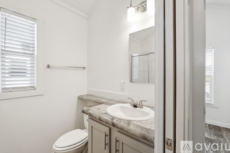 A bathroom with a toilet, sink, mirror, and a window with blinds.