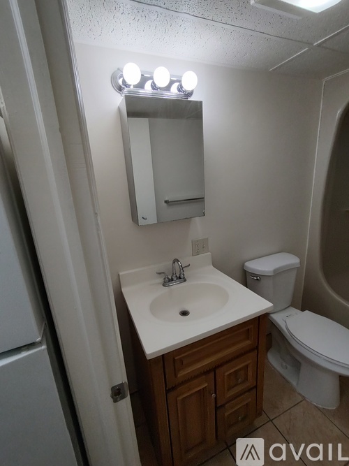 A bathroom with a sink, mirror, toilet and a cabinet.