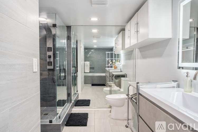 A bathroom with a walk-in shower and a toilet.