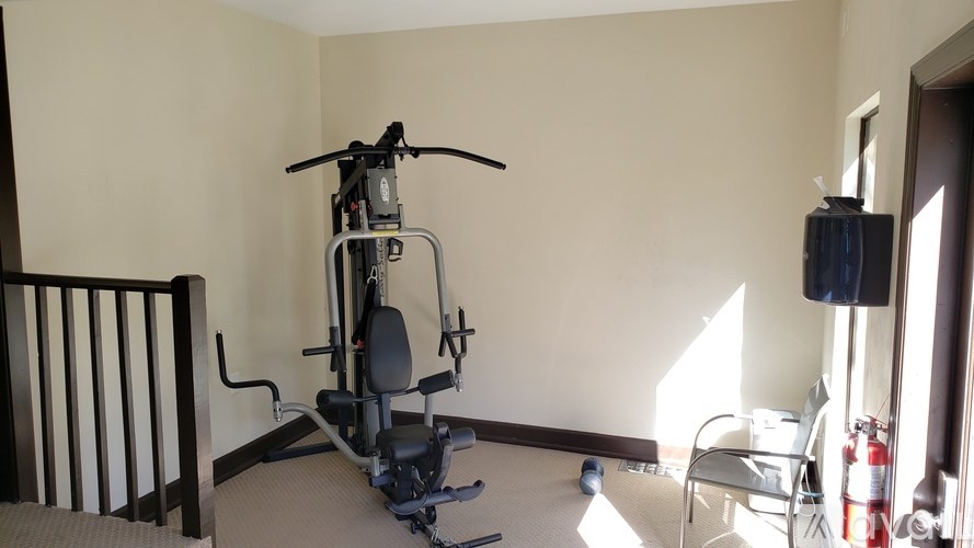 A room with a stationary bike and a chair.