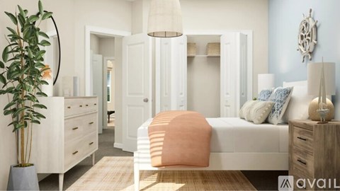 A bedroom with a bed, dresser, and mirror.