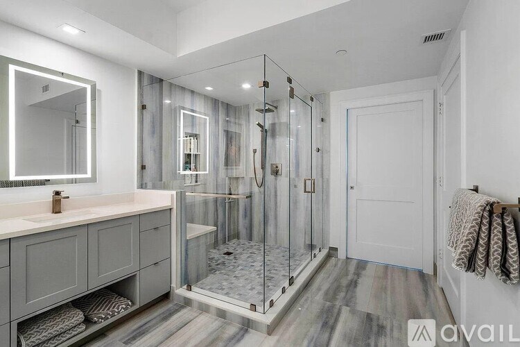 A bathroom with a walk-in shower and a sink.