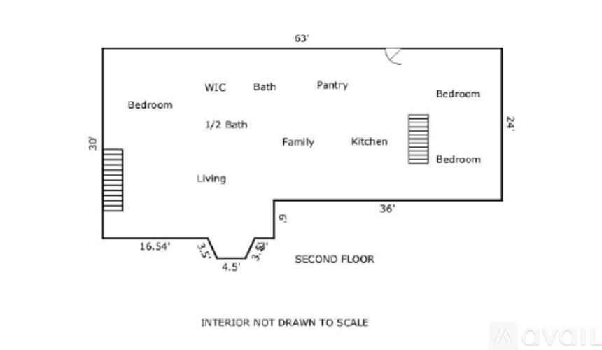 A floor plan of a two-story home with a living room, two bedrooms, a bathroom, a pantry, a kitchen, and a second floor.