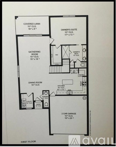 A floor plan of a house with a first floor layout including a covering lanai, owner's suite, gathering room, dining room, kitchen, 2 car garage and a pantry.