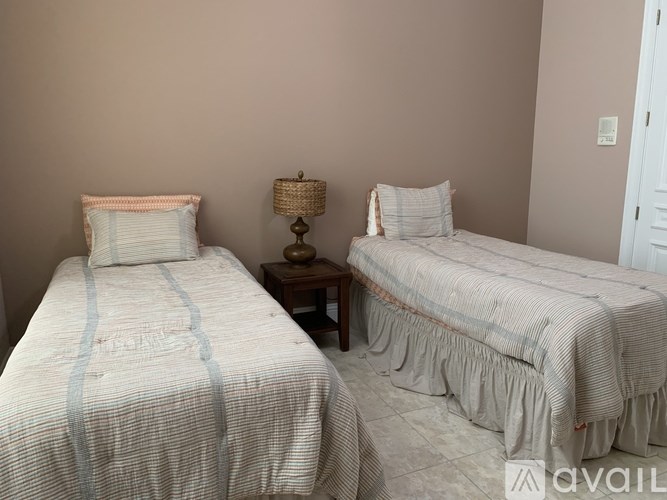 Two twin beds with pillows and a lamp on a side table.