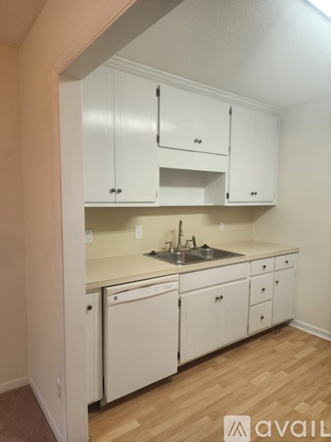 A kitchen with white cabinets and a sink.