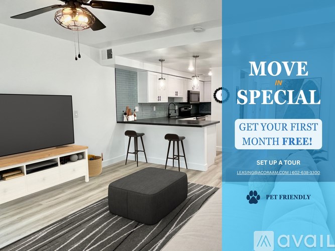 A modern living room with a kitchenette and a bar area is on sale for the first month free.