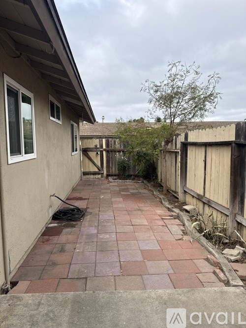 A backyard with a brick pathway and a wooden fence.