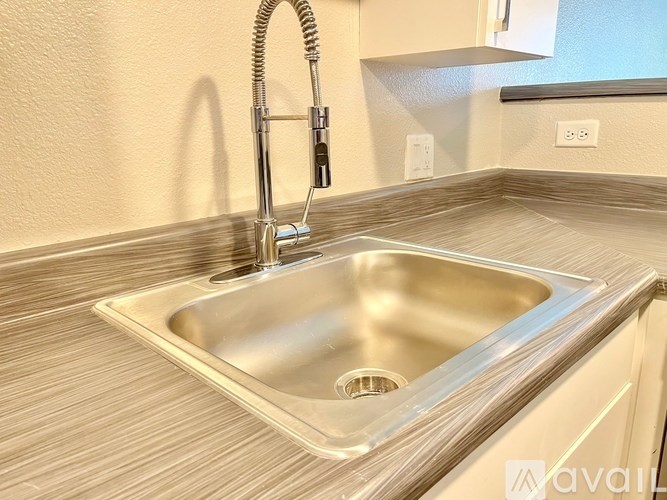 A modern kitchen sink with a chrome faucet.