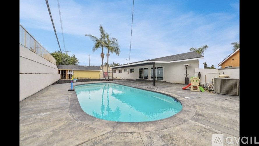 A pool in a backyard with a house and palm tree in the background.