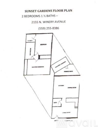 A floor plan for Sunset Gardens shows two bedrooms and one half bath.