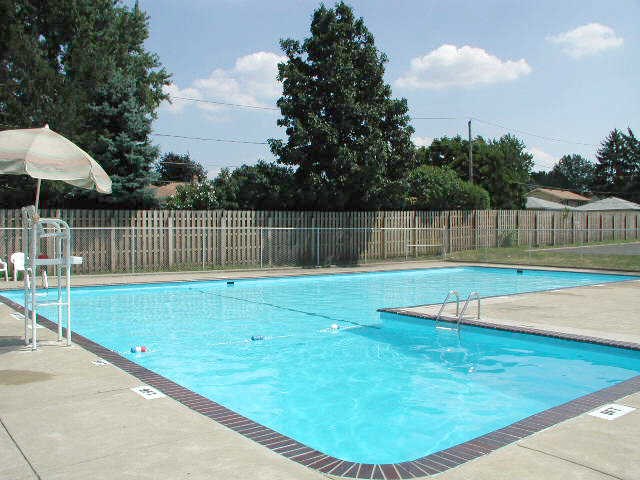 A small pool with a diving board and a sun umbrella.