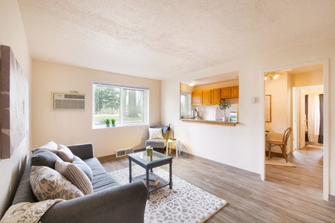 A living room with a grey couch and a glass coffee table.