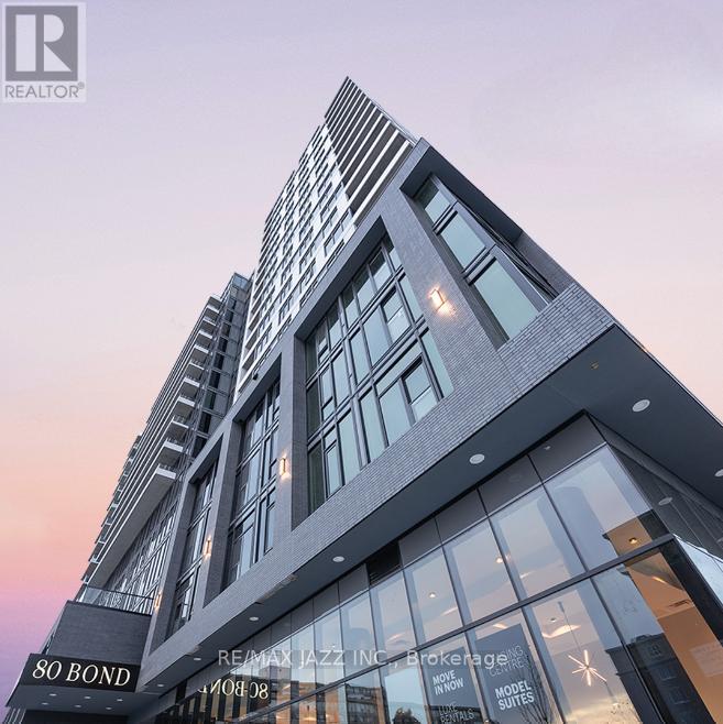 A tall building with the words "80 BOND" on the left side.