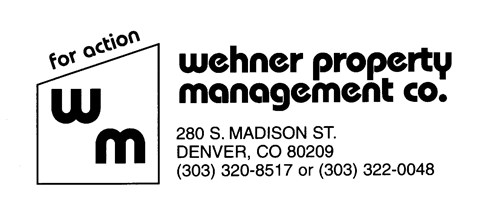 A black and white image of a company logo and information for Wehner Property Management Co.