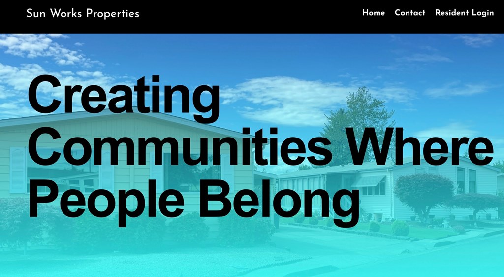 A website header for Sun Works Properties with a subtitle "Creating Communities Where People Belong".