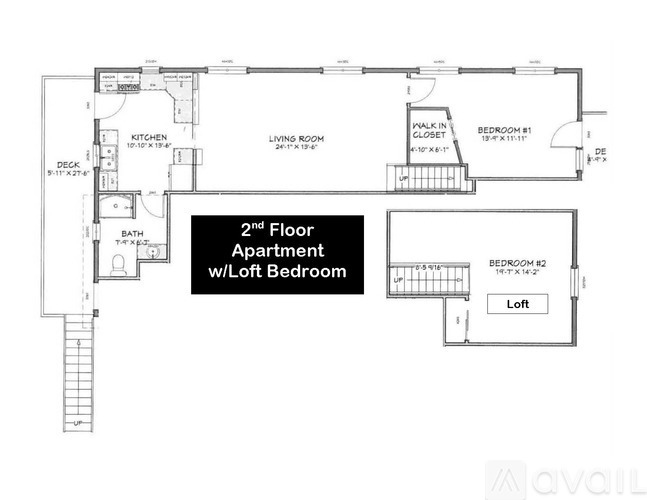 A floor plan of a 2nd floor apartment with a loft bedroom.