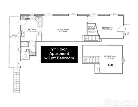 A floor plan of a 2nd floor apartment with a loft bedroom.