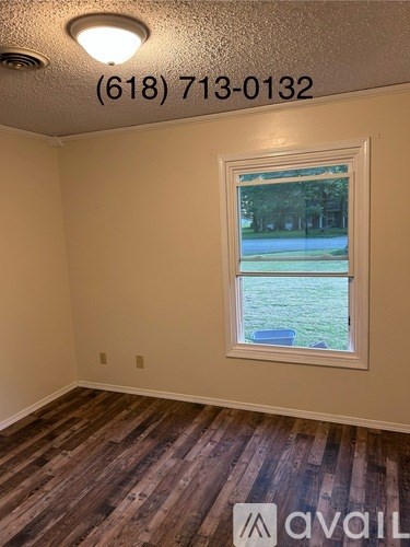 A room with a window showing a lawn and trees outside.